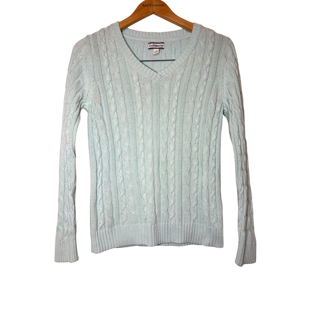 Croft & Barrow Womens Light Blue Cable Knit V-Neck 100% Cotton Sweater‎ Small